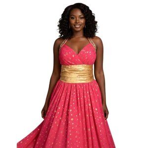 Hot Pink Gold Polka Dot Halter Gown 16 Beaded Corset Back Prom Pageant Princess
